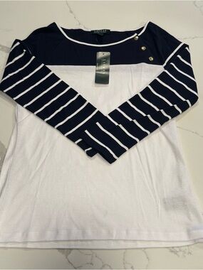 Ralph Lauren Navy and White Striped Boatneck Quarter Sleeve Top